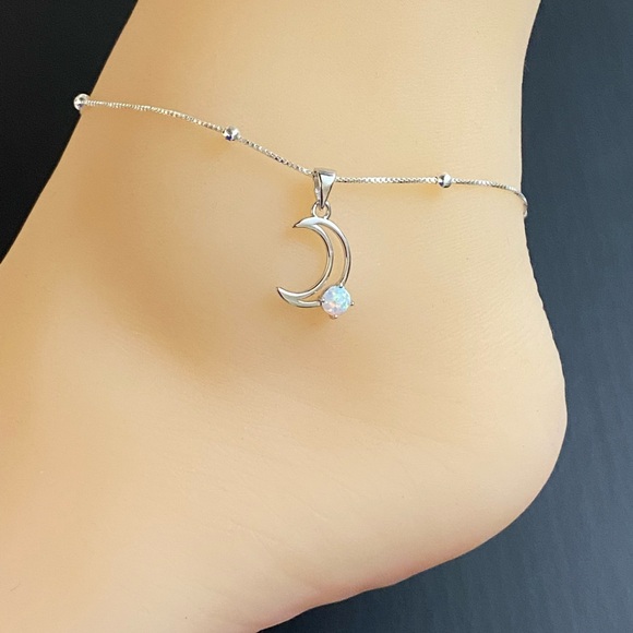 Sterling Silver Opal Moon Anklet - Picture 5 of 10